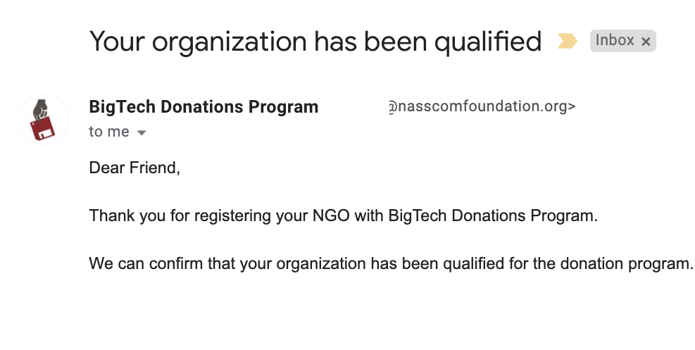 confirmation email from Nasscom qualifying Amarantos as a non-profit org